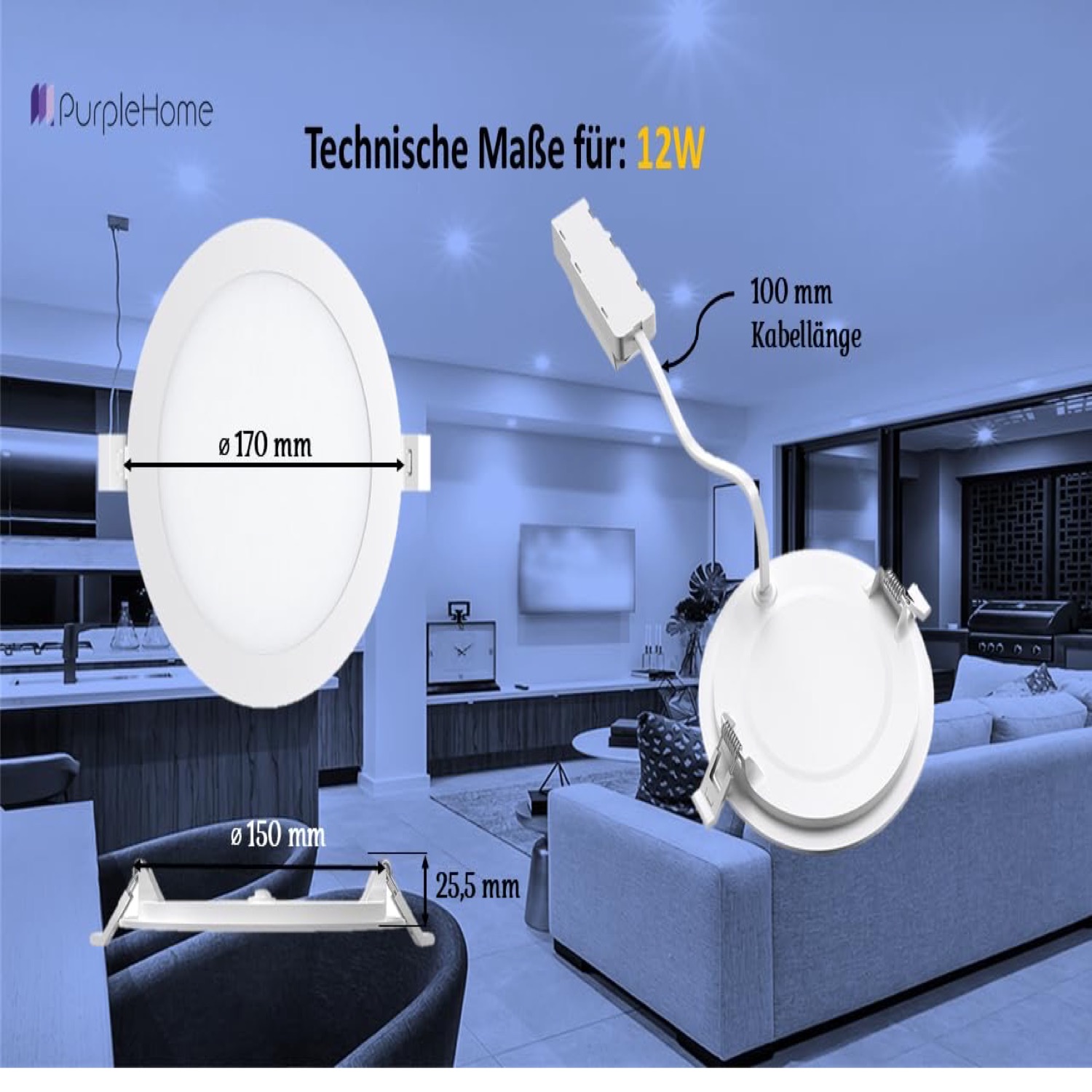 Braytron Ultraslim LED Einbaupanel Spot 12W Ø170mm Rund 3 Lichtfarben CCT 3000K 4000K 6500K 1120lm 230V Deckenleuchte Einbaustrahler Flach 26mm Einbautiefe Weiß Panellampe für Wohnzimmer Büro Flur – Ansicht 2