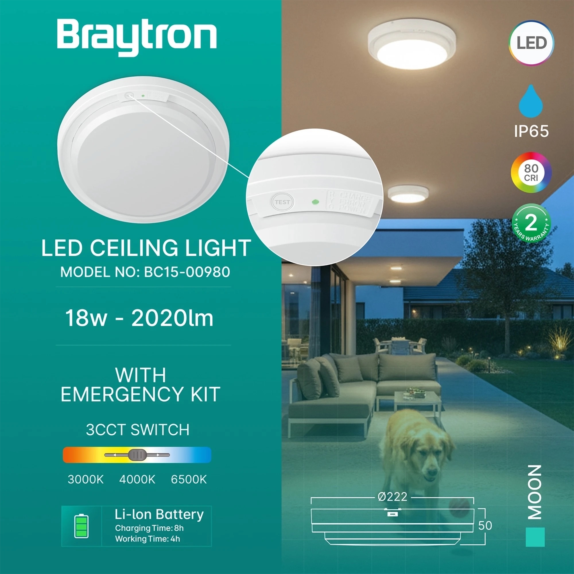 Braytron LED Deckenleuchte 18W mit Notlicht, Akku bis 3 Std. bei Stromausfall, 3CCT Lichtfarbe wählbar 3000K 4000K 6500K, 2020 Lumen, IP54 Feuchtraum, Ø 22 cm, Weiß – Ansicht 3