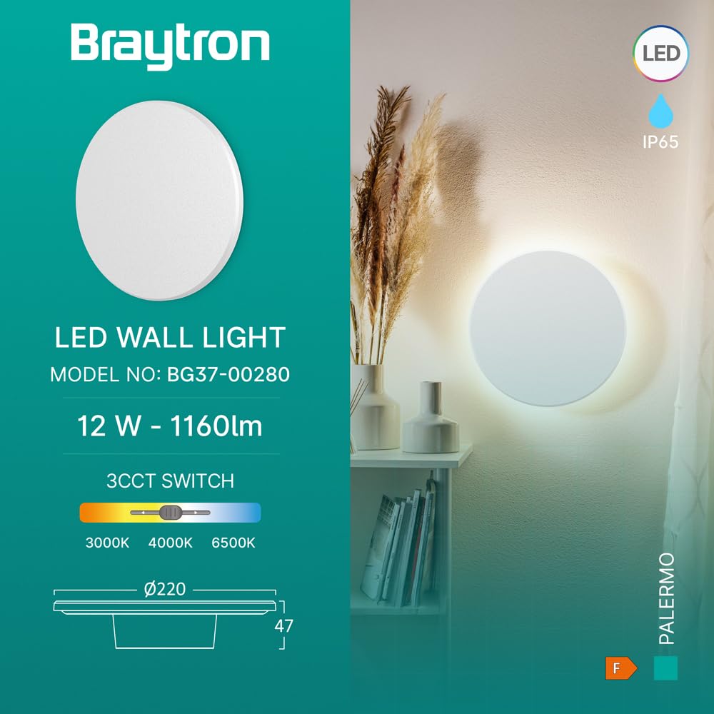 Braytron LED Wandleuchte Weiß Rund Ø220 mm – 12W 1160lm IP65 Außenwandleuchte mit 3CCT (3000K/4000K/6000K), indirekte Designer Wandlampe für Balkon, Terrasse, Flur & Bad – Ansicht 2