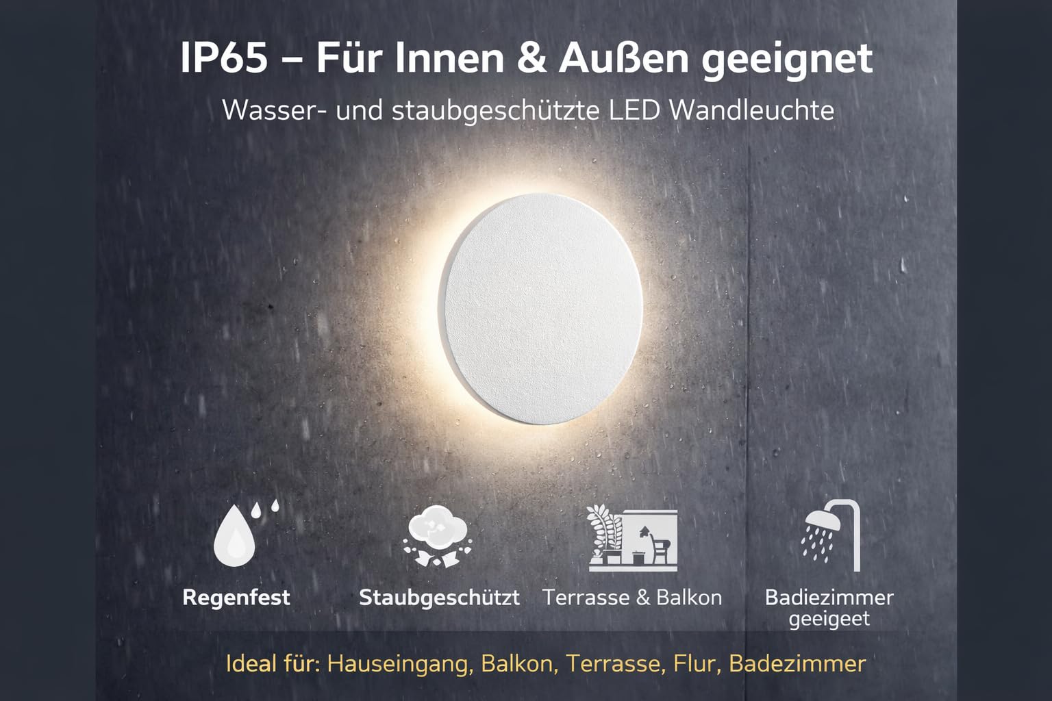 Braytron LED Wandleuchte Weiß Rund Ø220 mm – 12W 1160lm IP65 Außenwandleuchte mit 3CCT (3000K/4000K/6000K), indirekte Designer Wandlampe für Balkon, Terrasse, Flur & Bad – Ansicht 4