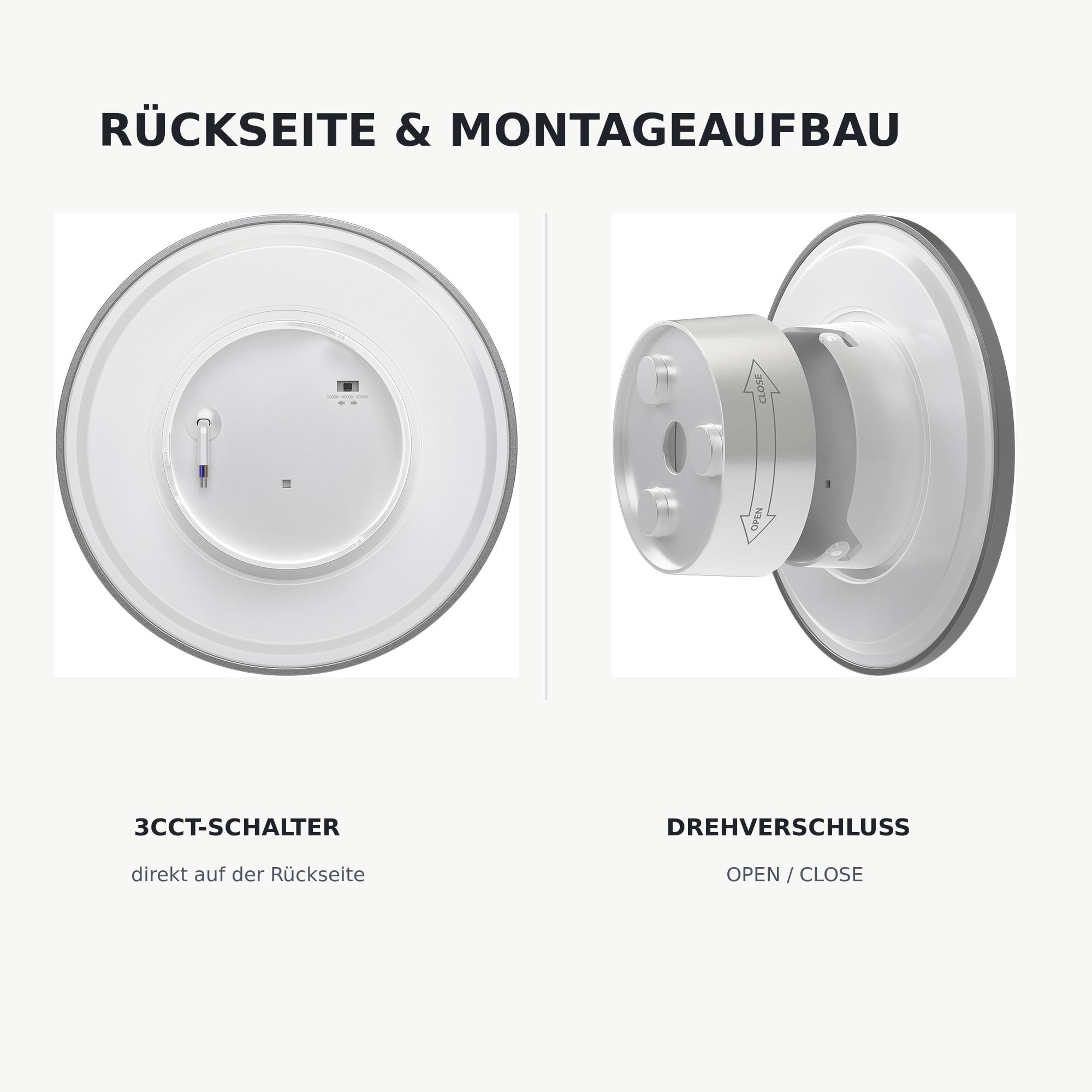 Braytron LED Wandleuchte Grau Rund Ø220 mm – 12W 1160lm IP65 Außenwandleuchte mit 3CCT (3000K/4000K/6000K), indirekte Designer Wandlampe für Balkon, Terrasse, Flur & Bad – Ansicht 6