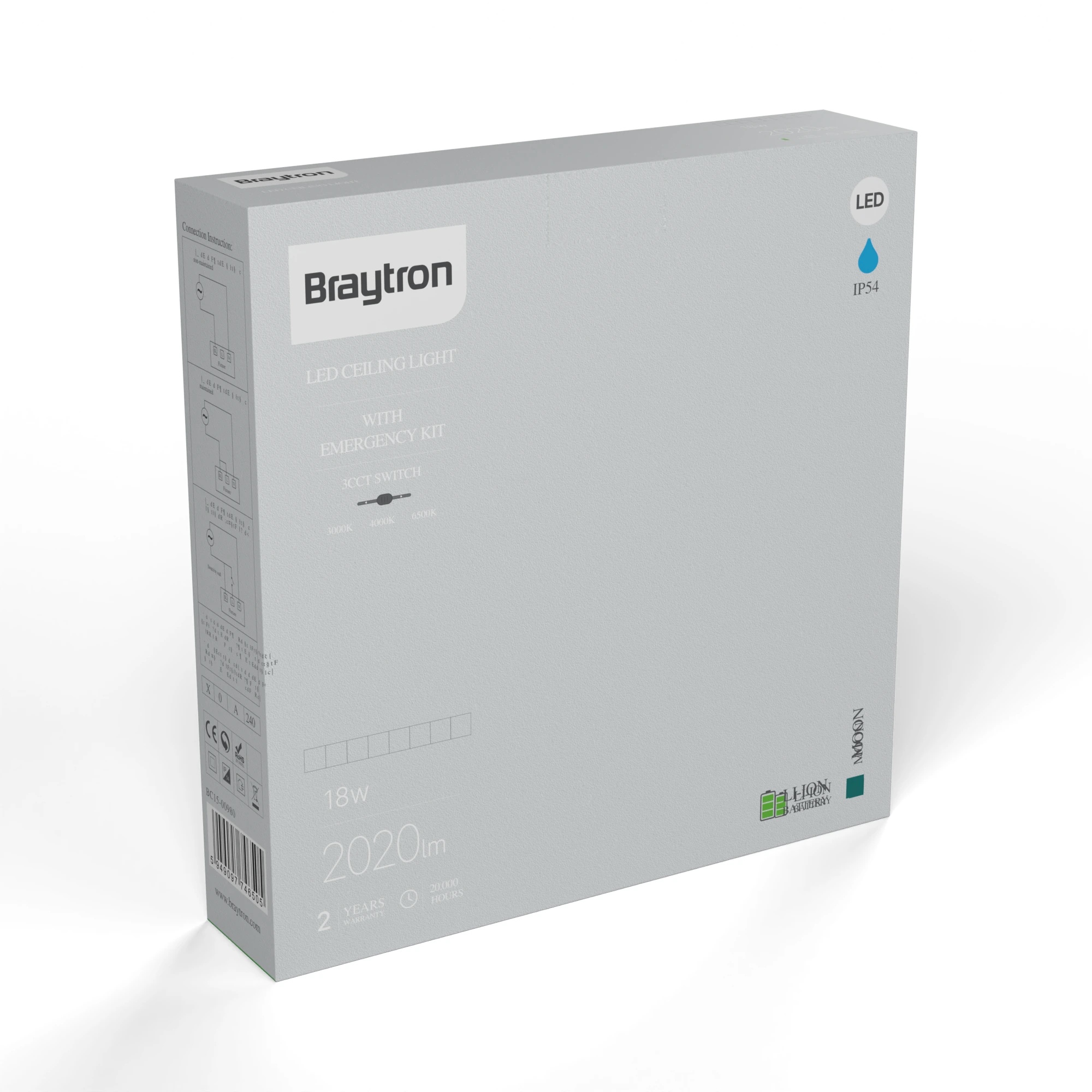 Braytron LED Deckenleuchte 18W mit Notlicht, Akku bis 3 Std. bei Stromausfall, 3CCT Lichtfarbe wählbar 3000K 4000K 6500K, 2020 Lumen, IP54 Feuchtraum, Ø 22 cm, Weiß – Ansicht 10