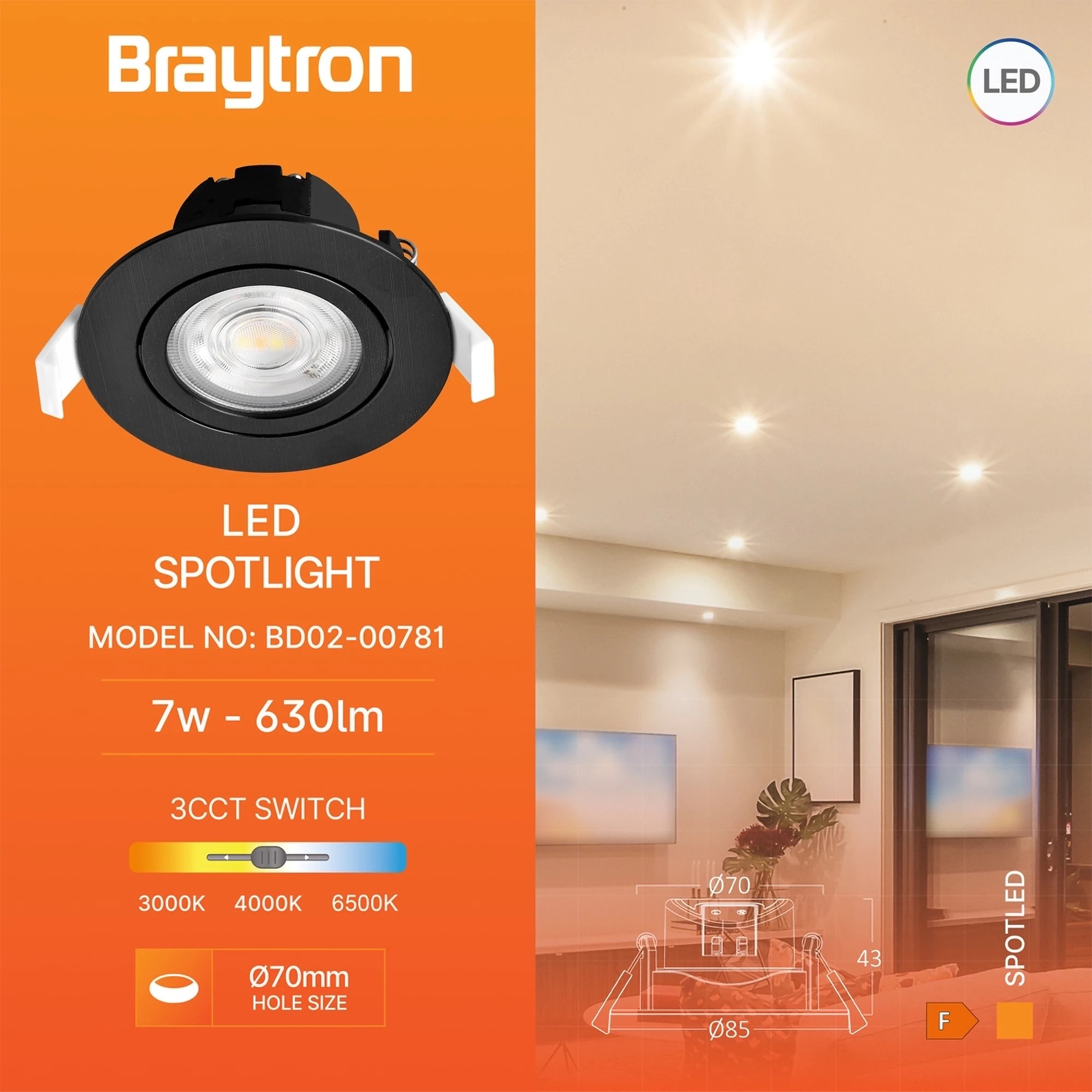 Braytron Lampada da soffitto LED 7W 243 V Collegamento 3IN1, 750 Lumen, IP20 Plafoniera per soggiorno, cucina, corridoio (Nero) – Vista 3
